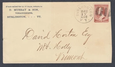 US Sc 210 on 1884 cover, 25mm black BURLINGTON, VT cds & fancy cancel, MT HOLLY - Image 1 of 2