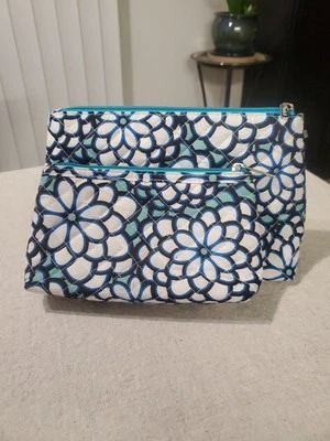 2 Modella Travel Cosmetic Makeup Bag Flowers Black Blue White Zipper Pair Set - Image 1 of 4