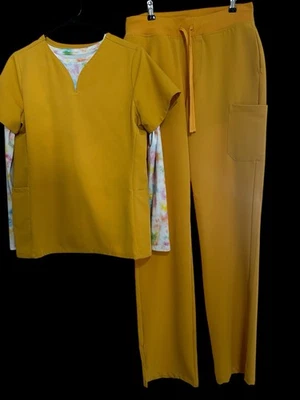 Mandala Brand Mustard Yellow V Neck Scrub Top & Tee, Drawstring Pants Small Long - Image 1 of 4