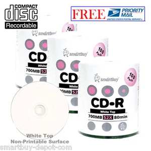 300-Pack SmartBuy Blank CD-R 52X 700MB/80Min White Top Surface Record Media Disc - Picture 1 of 4