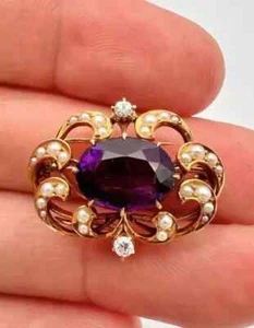 Antique Style 14k Yellow Gold Plated 2.90Ct Oval Lab Created Amethyst Pin Brooch - Picture 1 of 6