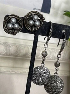 Vintage Hematite Earrings Dangle Pearl Basket Eggs Cluster Earrings Lot 2  - Picture 1 of 11