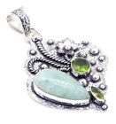 925 Sterling Silver Amazonite & Peridot Gemstone Jewelry Pendant Size-2''