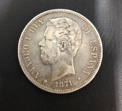 1871 Spain King Amadeo 1st. 90% Silver 5 Pesetas Coin, Madrid Mint - Image 1 of 2