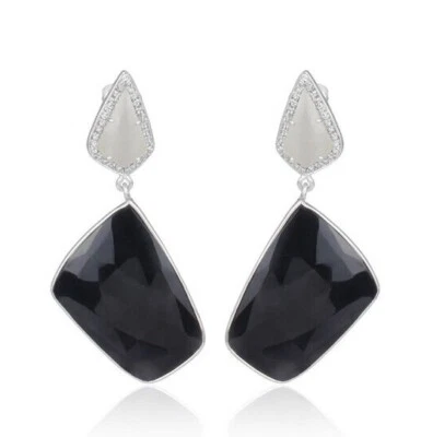 Multi Stone Fashion Earrings Moonstone Black Onyx & Zircon Gemstone Drop Earring - Image 1 of 4