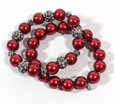 Римский набор из 2 красный искусственный жемчуг 12 мм бусина серый кристалл эластичные браслеты 7 дюймов - Изображение 1 из 4