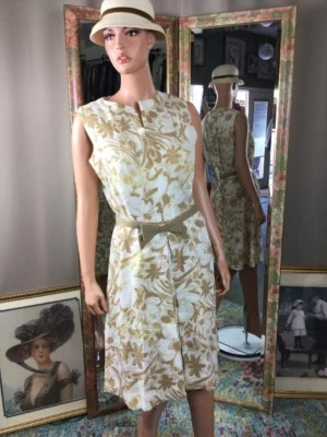 Vintage Beige & White Young Naturals Size 14 Dress Faux Leather Bow Belt Bust 40 - Image 1 of 4