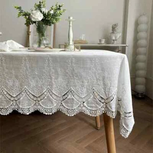 White Lace Flower Embroidery Cotton Tablecloth Table Cover Wedding Party Decor - Picture 1 of 7