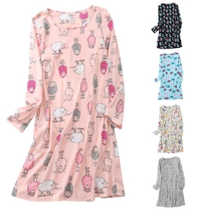 Women Long Sleeve Cute Nightgown Crew Neck Knee Length Soft Cartoon Pajama Dress - Picture 1 of 28