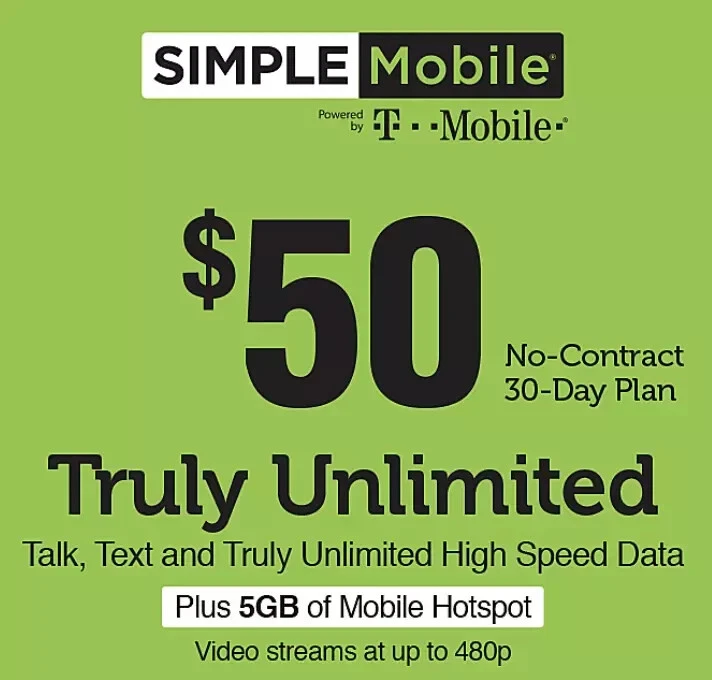 SIMPLE MOBILE  Prepaid $50 Refill Top-Up Prepaid Card ,PIN / RECHARGE - Image 1 of 1