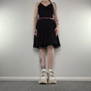 Y2K polkadot halter neck bow mesh trim midi dress - Picture 1 of 5