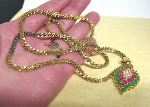 GOLD STERLING SILVER GREEN RED CLEAR STONE PENDANT ON CHAIN NECKLACE 20 GRAMS - Picture 1 of 2