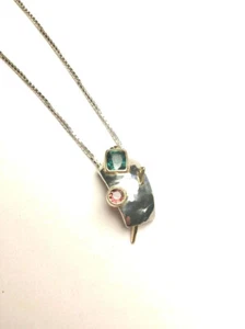 Gold, Silver, and Tourmaline Handmade Pendant on 18" Sterling Silver Necklace - Picture 1 of 12