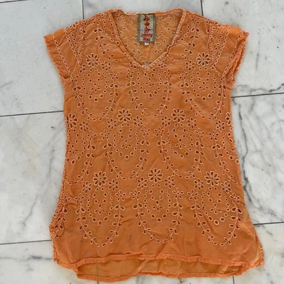 Johnny Was Top Boho Orange Eyelet Cap Sleeves XS Rayon Tunic - Image 1 of 4