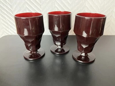 Set of 3 Vintage Anchor Hocking Ruby Red Georgian Honeycomb Water Pedestal - Image 1 of 4