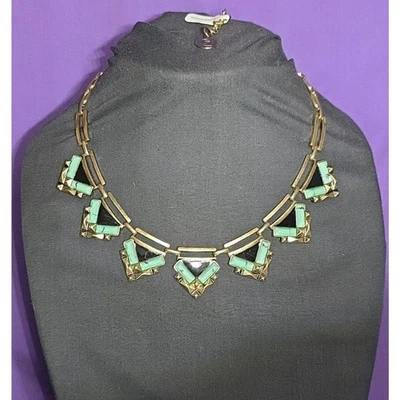 Egyptian Style Statement Necklace Gold Tone Brass Faux Turquoise Chevron Links - Image 1 of 4