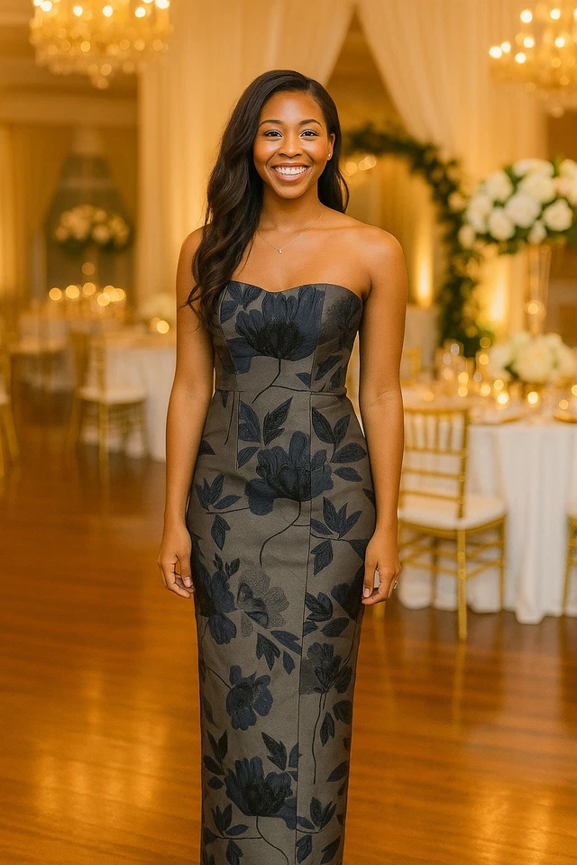 Alfred Sung Women's Size O Black Strapless Raised Floral Maxi Formal Dress - Image 1 of 4