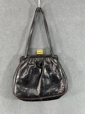 Bolso sin asas vintage de los años 60 con asa superior bolso de mano marrón oscuro rojo cuero cierre a presión Foto 1 de 4