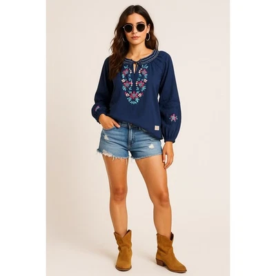 全新带标签 Odd Molly 舞蹈刺绣衬衫,尺寸 2 (M) 海军蓝 Boho Cottagecore  — 第 1/4 张图片