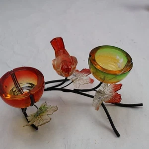 Juego de 2 Candelabros Acrílicos Hojas de Pájaros Rojos y Amarillos y Ramas de Metal por 4H. - Imagen 1 de 4