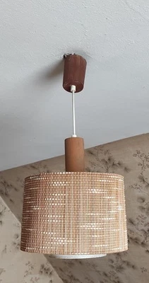 TEAK DECKENLAMPE PENDELLEUCHTE 60ER JAHRE TEXTILSCHIRM MIDCENTURY DENMARK DESIGN - Bild 1 von 4