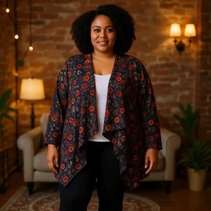 Cuddl Duds 2X/3X Black Red Aztec Hooded Fleece Cardigan Open Front Plus Size - Picture 1 of 11
