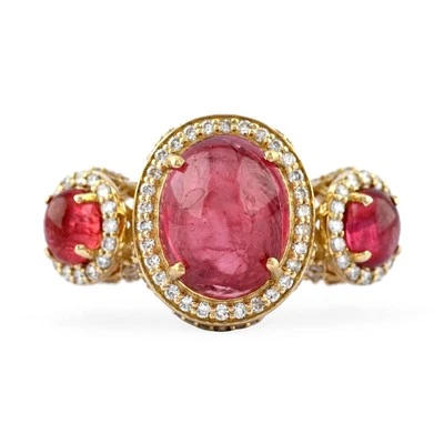 Anillo trío cabujón ovalado de oro amarillo sólido de 18 quilates turmalina rosa y halo de diamantes Foto 1 de 4