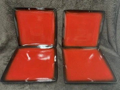 222 Fifth Comino Square Dinner Plates Set of 4 Red Black Stoneware 10.75" Modern - Image 1 of 4