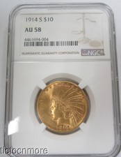 Us 1914 S Indian $10 Dollar Gold Eagle Coin Ngc Graded Au 58