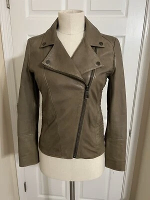 Hugo Boss Naranja Damas Talla 2 Tostado Oliva Motociclista Piel de Oveja Chaqueta de Cuero Muy Buena Foto 1 de 4
