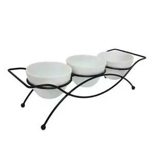 Porcelain Serving Bowl Set with Metal Rack - 4 Pcs. Appetizer Serving Bowls Set - Picture 1 of 8