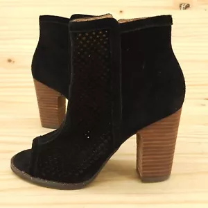 Lucky Brand Womens Boots Sz 6 Black Suede Stacked Heel Laser Cut Open Toe Bootie - Picture 1 of 9
