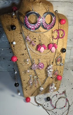 Rosa 🩷 Lote de Joyas Pendientes Collar Lariat Rosa 🌹Pulsera Cristal Tono Plata  Foto 1 de 4