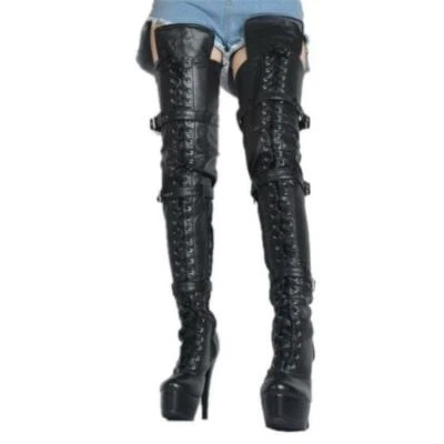Sexy Women Biker Over The Knee Thigh High Boots High Stiletto Heels Platform - Image 1 of 4