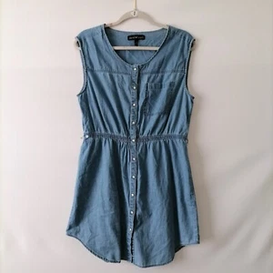 Derek Heart Womens Blue Denim Scrunch Waist Button Up Mini Shirt Dress Size L - Picture 1 of 8