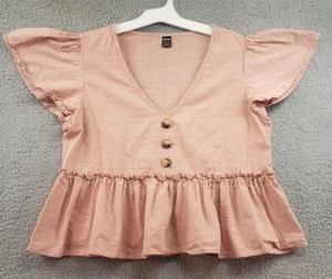 Shein Top Shirt Womens Large  Shirt Top Peach Ruff Puff Sleeve - Picture 1 of 7
