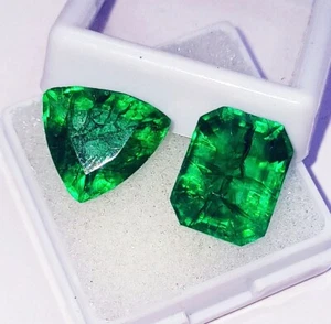 Certified Natural Emerald Total 14.20 Ct 2 pieces Lot Loose Gemstone - Picture 1 of 6