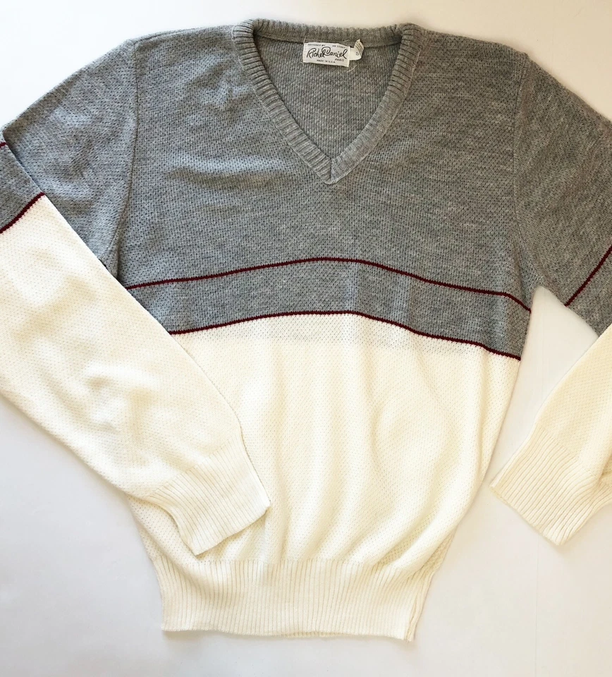 Винтажный Richel Daniel мужской пуловер поло свитер маленький серый слоновой кости длинный Slv V шеи EC - Изображение 1 из 4