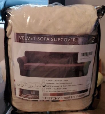 Funda de sofá de terciopelo de 3 piezas beige con 2 fundas de cojín de asiento extra grandes elásticas Foto 1 de 4