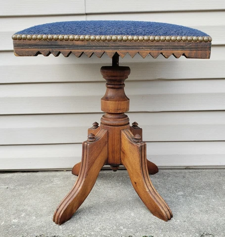 Antique 19thc Victorian Piano Stool Bench Chair Ornate Wood Saw Tooth Trim Deco Cover