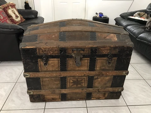 1879 Steamer Dome Trunk-Large-White Star Line-Queenstown Sticker-Bronze Nameplat Cover