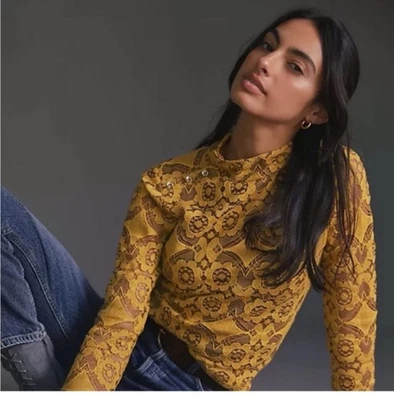 Maeve Anthropology 女式蕾丝图案上衣中号黄色和棕色 — 第 1/4 张图片