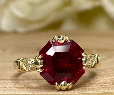 3.0Ct Lab Created Asscher Cut Ruby & Diamond Engagement Ring Yellow Gold Plated - Image 1 of 4