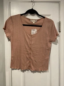 NWT Republic Size L Pink Pointelle Short Sleeve Crop Top Henley - Picture 1 of 12