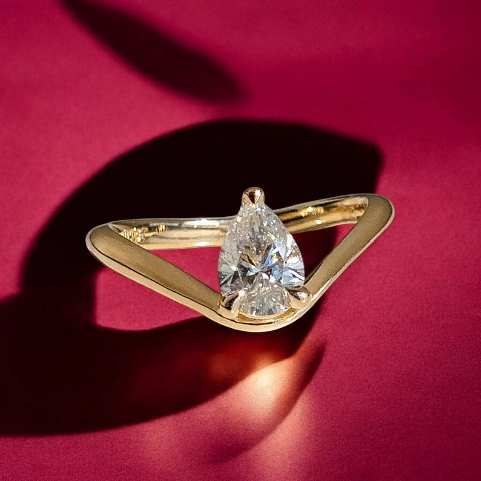 Diamond Ring For Engagement Lab Grown Pear 1 Carat IGI Certified 14k Yellow Gold - Image 1 of 4