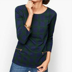 Talbots Plus 3/4 Sleeve Zip Pocket Jacquard Blouse Top Blue/Green Plaid Size 3X - Picture 1 of 8