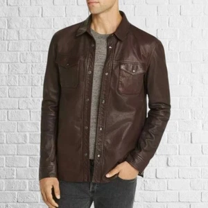 Mens Leather Brown shirt Genuine Lambskin Motorcycle Button Slim fit Shirt - Picture 1 of 3