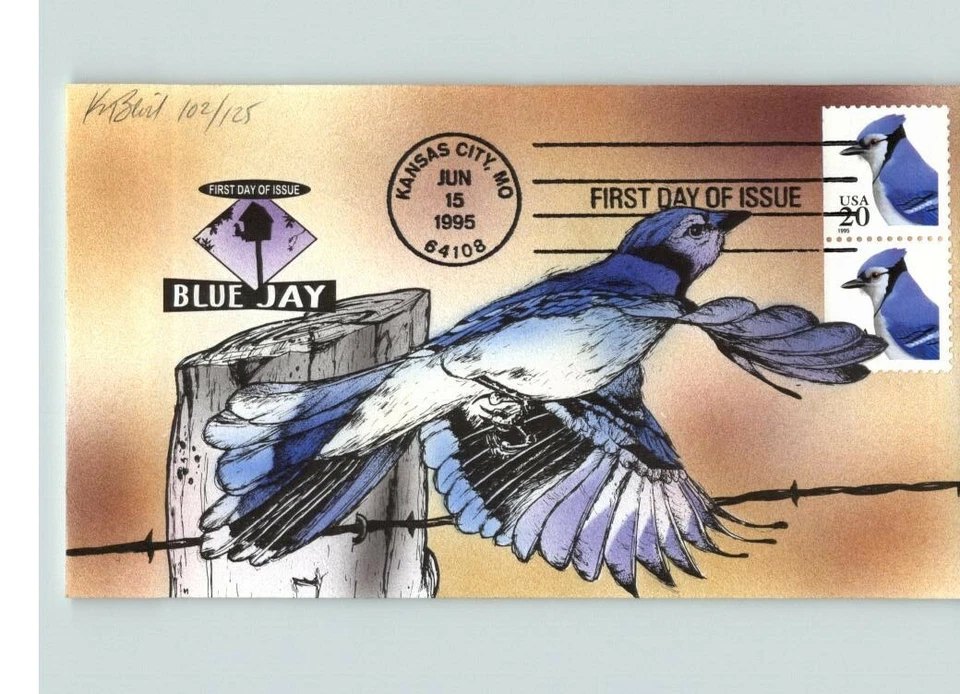 BEAUTIFUL Hand Painted BLUE JAYS, Pair stamps, 1995 First Day of Issue by BEVIL - Image 1 of 1