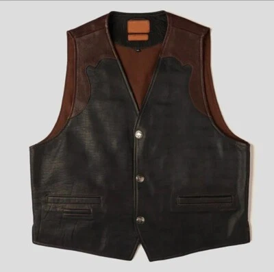 Premium Men's Brown Cowhide Skin & Genuine Buffalo Leather Vest Cowboy Vest - Image 1 of 4