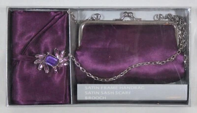 JUEGO DE ACCESORIOS DE VACACIONES BOLSO DE MANO CON MARCO SATINADO PÚRPURA FAJA BUFANDA Y BROCHE NUEVO EN CAJA Foto 1 de 4